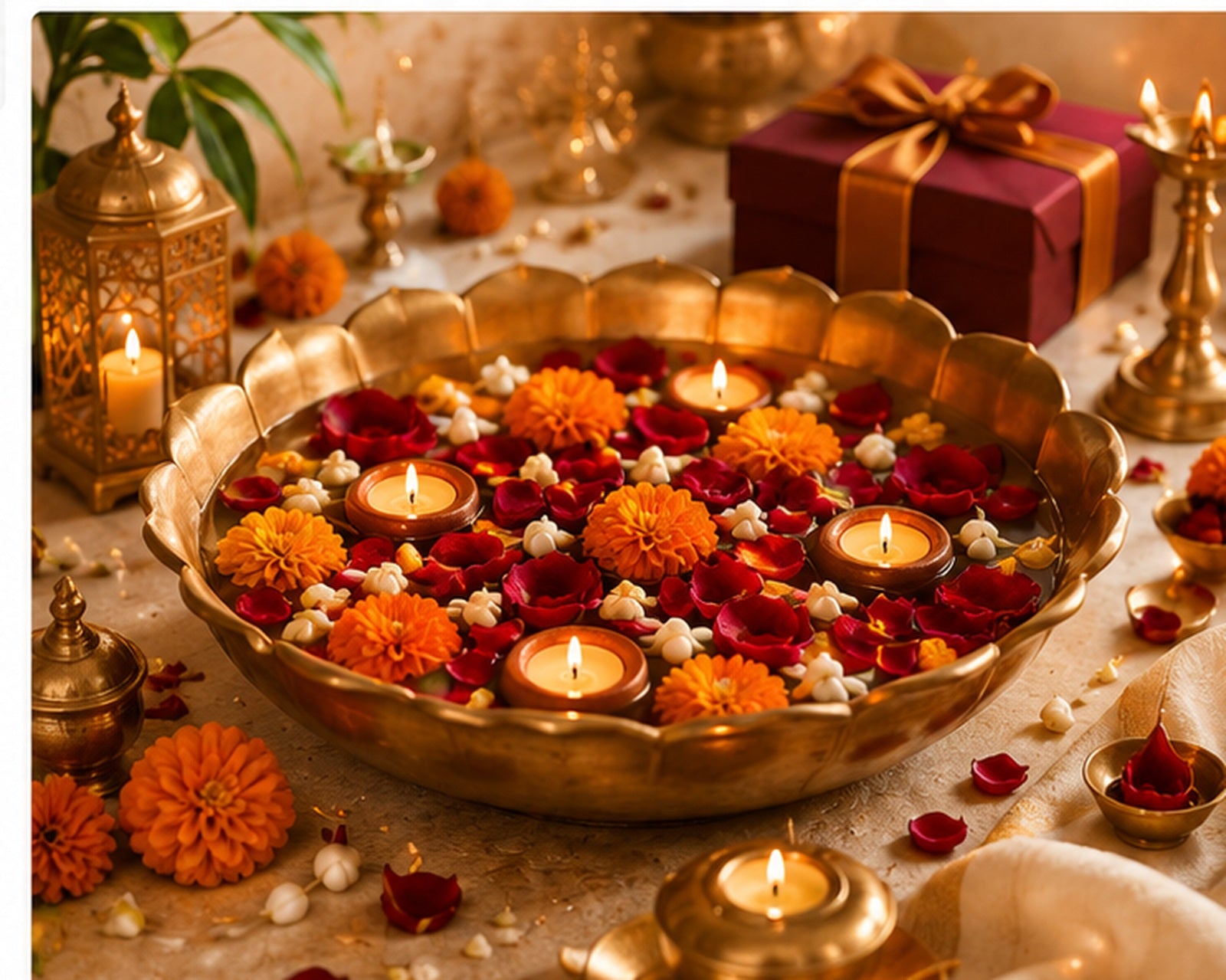 Living room styled for Diwali with an urli, diyas and festive décor