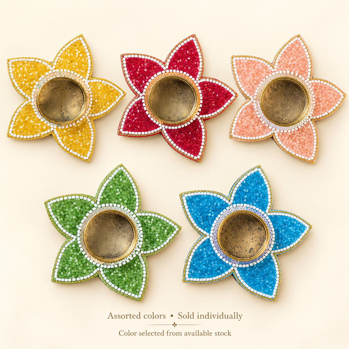 Assorted yellow, red, peach, green and blue beaded flower holders, sold individually