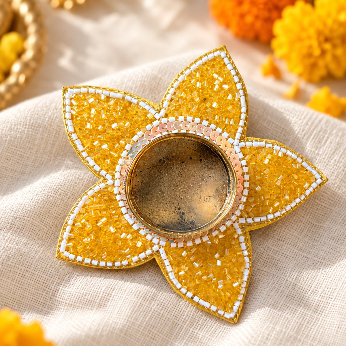 Yellow five-petal beaded flower tealight holder