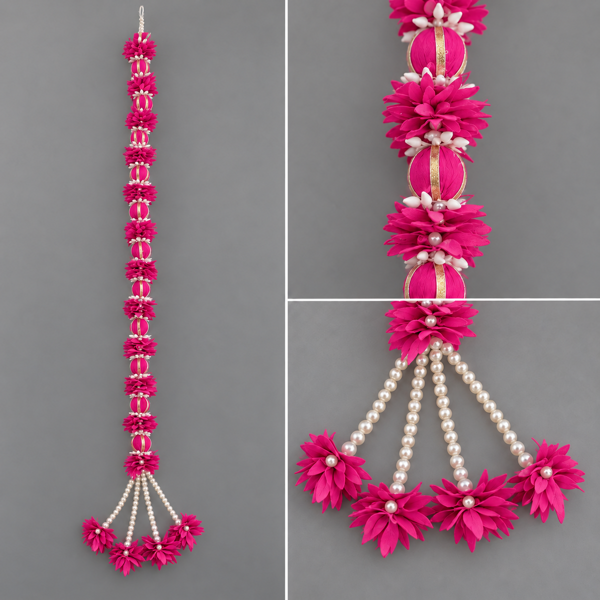 Bright pink floral hanging — detail view