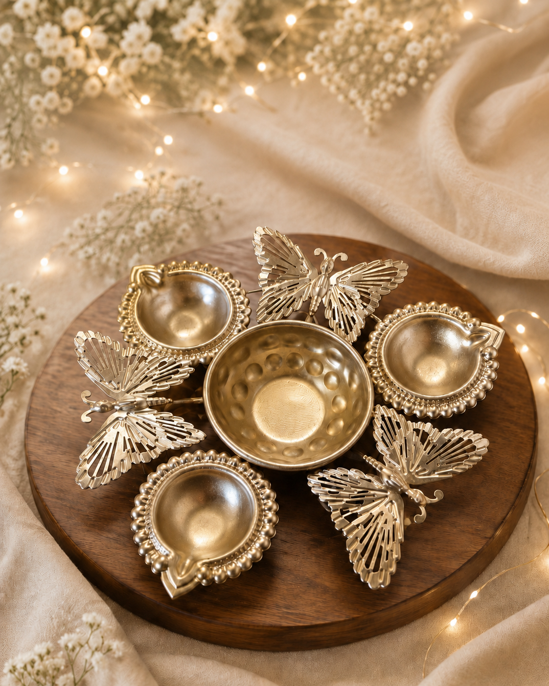 Butterfly three-diya festive tealight holder displayed on a round wooden board