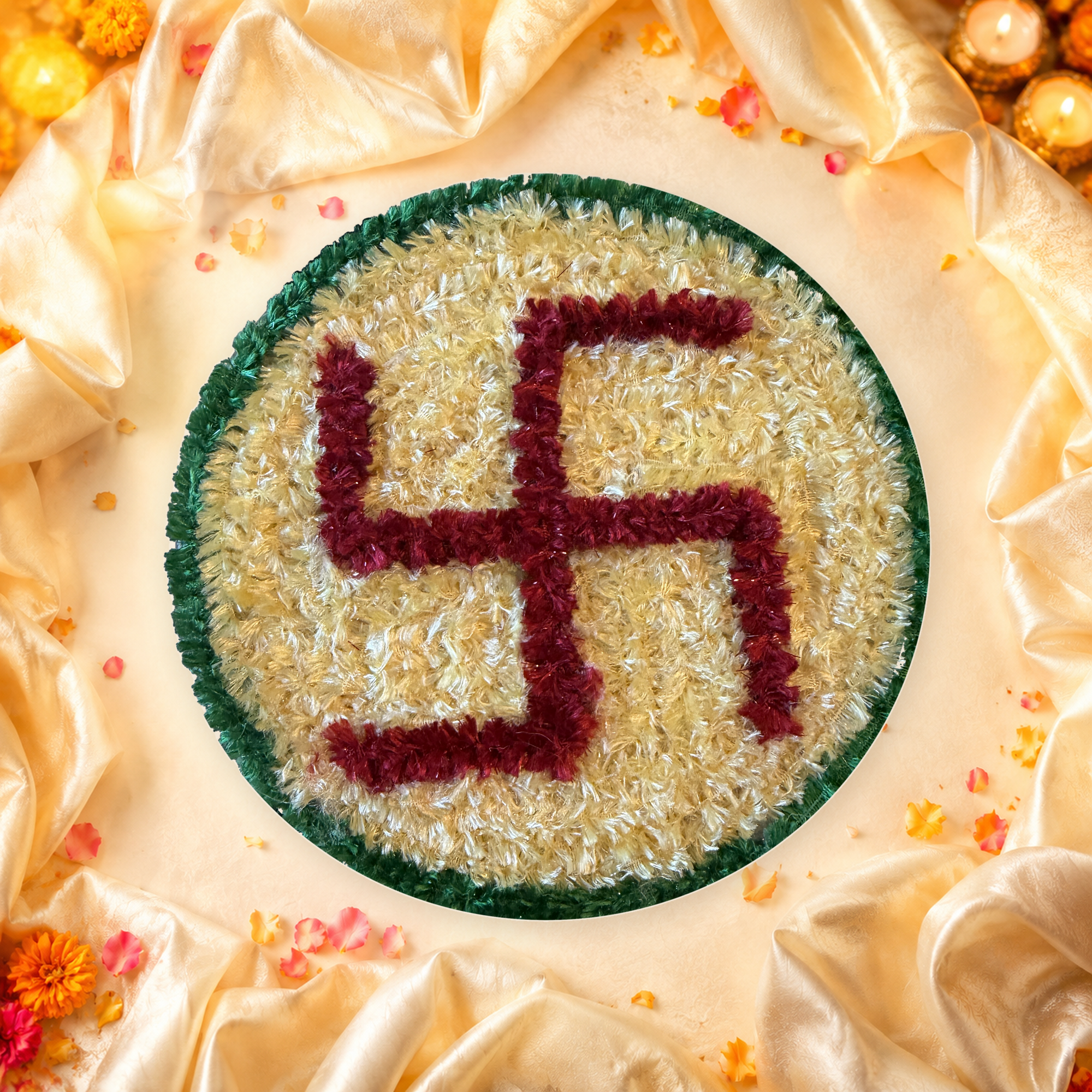 Handmade auspicious Swastik decorative mat on bright champagne and ivory festive background