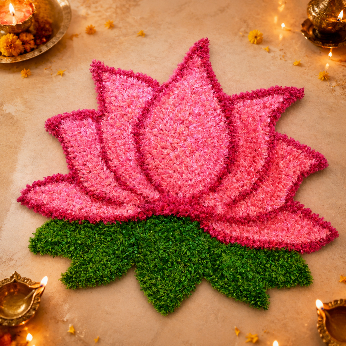 Handmade pink lotus decorative mat styled with diyas and marigold petals