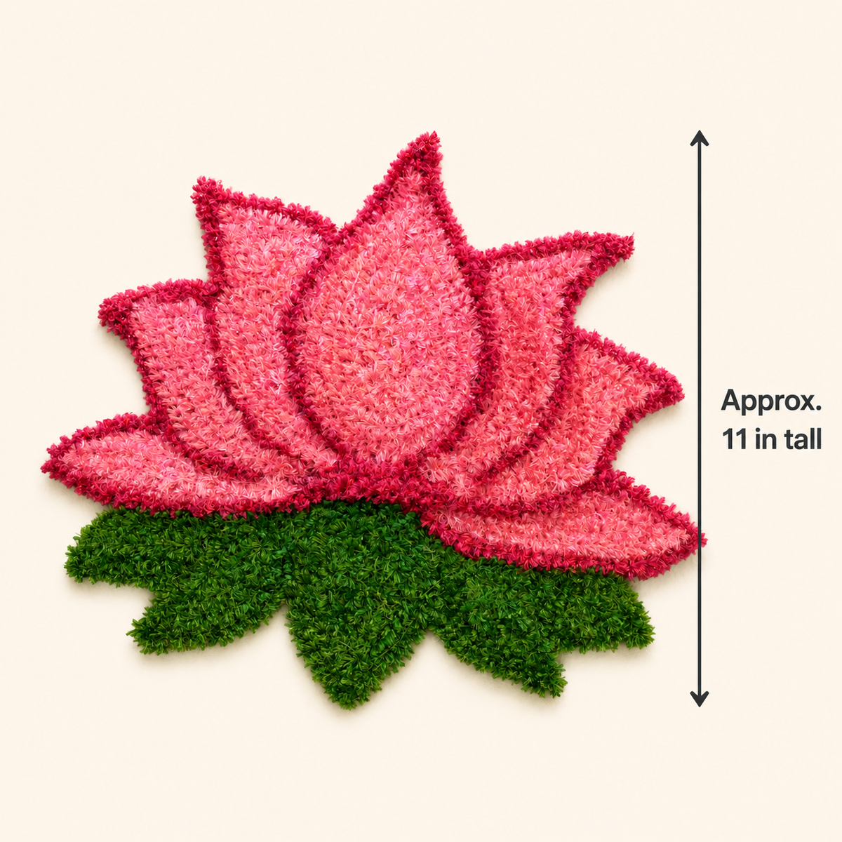Size guide showing the handmade pink lotus decorative mat is approximately 11 inches tall