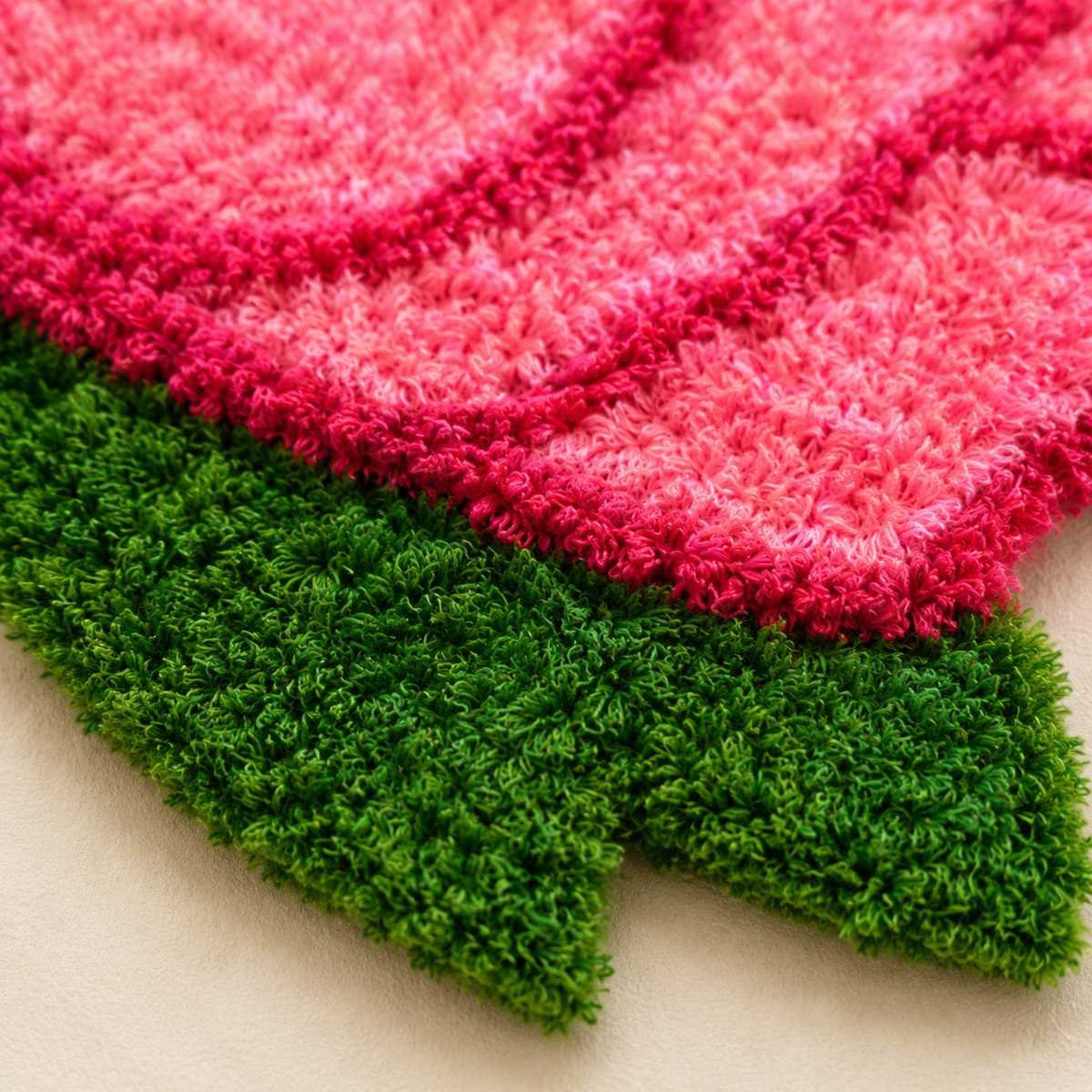 Close-up of the fuzzy pink petals and green leaves of the handmade lotus mat
