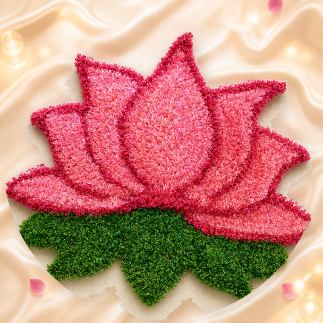 Handmade pink lotus decorative mat on bright champagne silk with warm festive glow