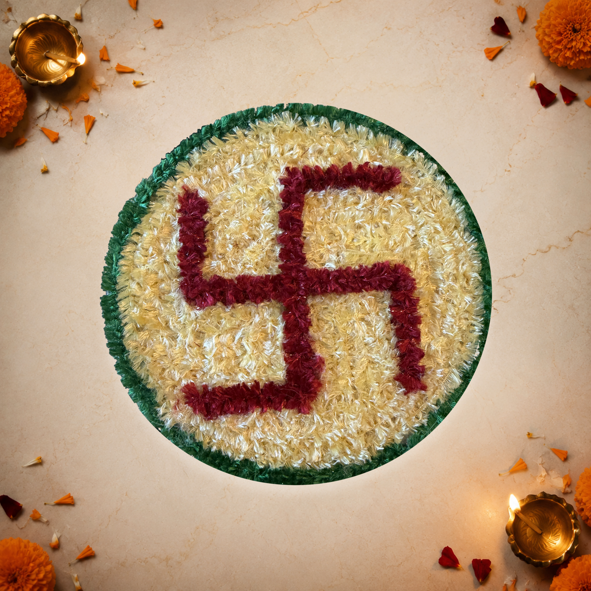Handmade Swastik decorative mat styled with glowing diyas and marigold flowers for Diwali