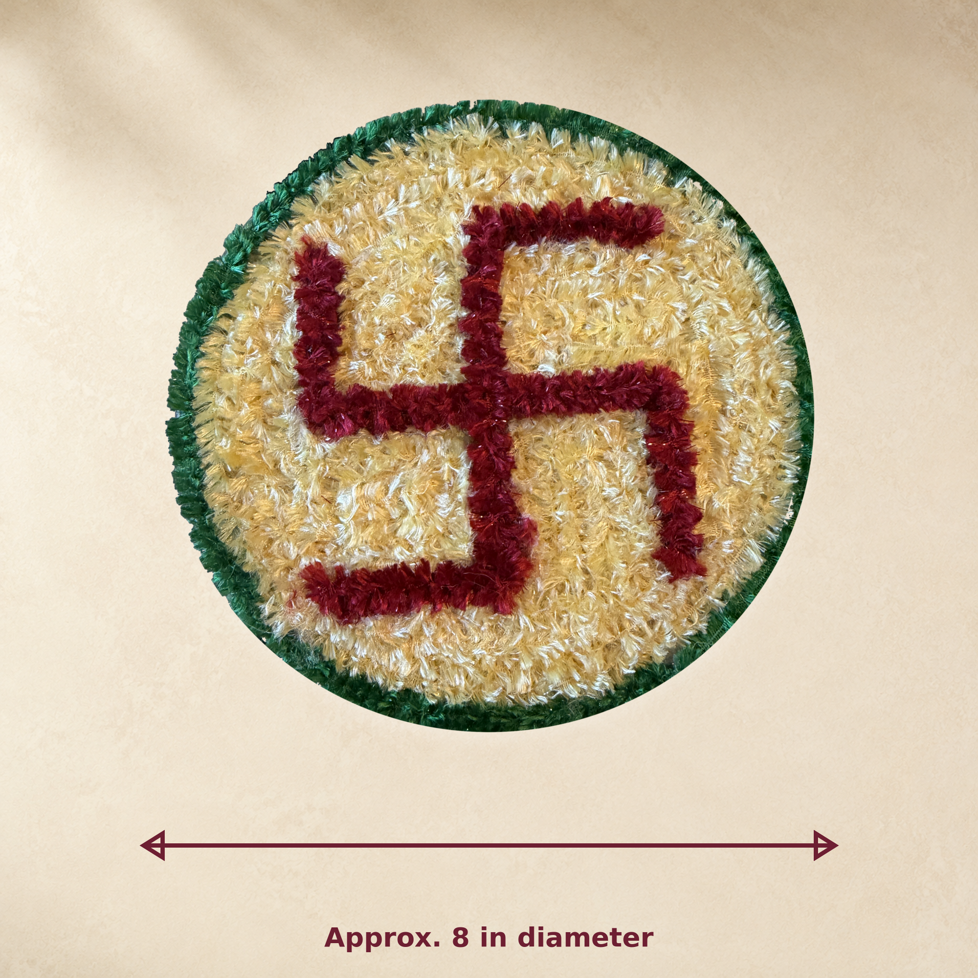 Size guide showing the complete handmade Swastik decorative mat is approximately 8 inches in diameter