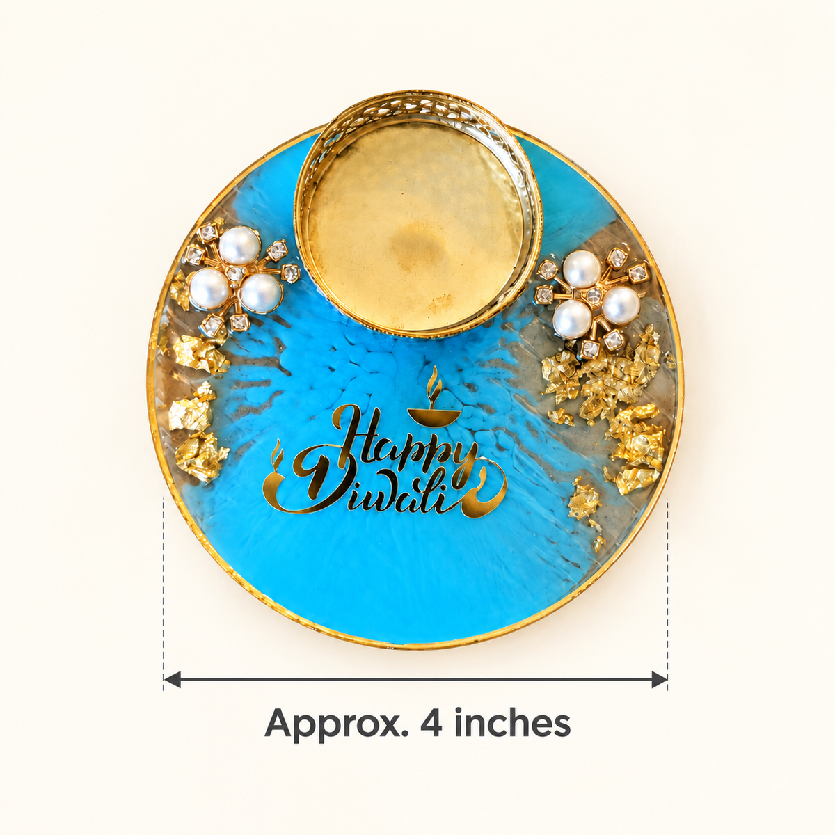 Resin tealight holder with double-headed arrow indicating approximate 4-inch overall width