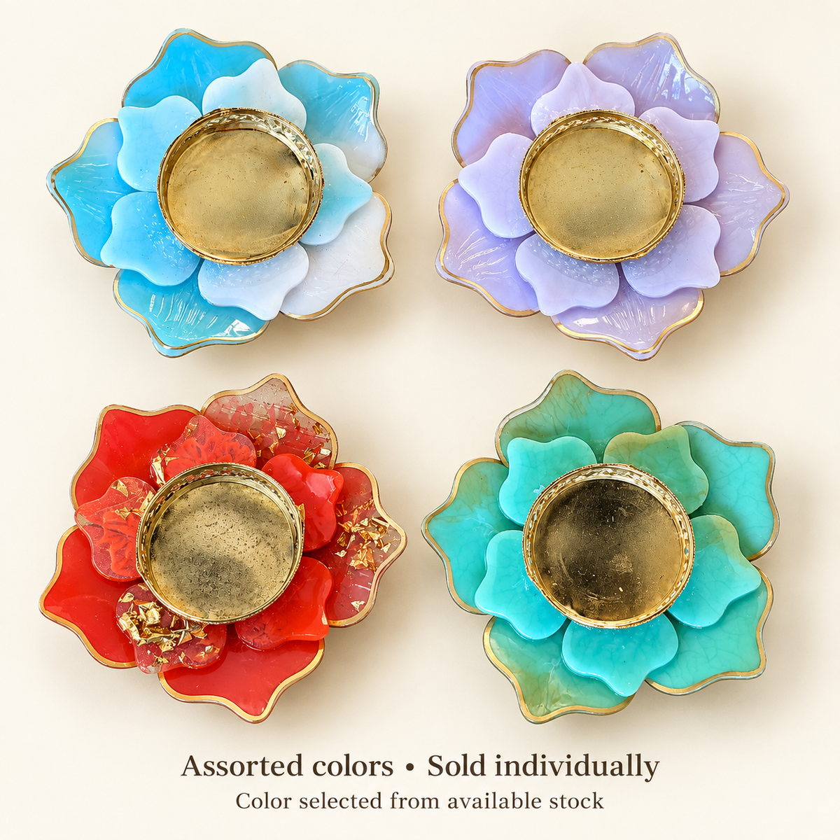 Blue-white, lavender, red and turquoise-green resin flower holders; sold individually in assorted colors