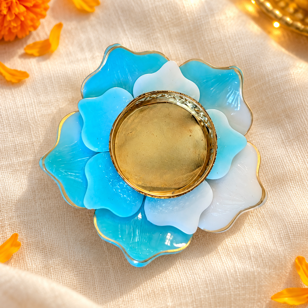 Blue-white layered flower resin tealight holder with gold-tone cup