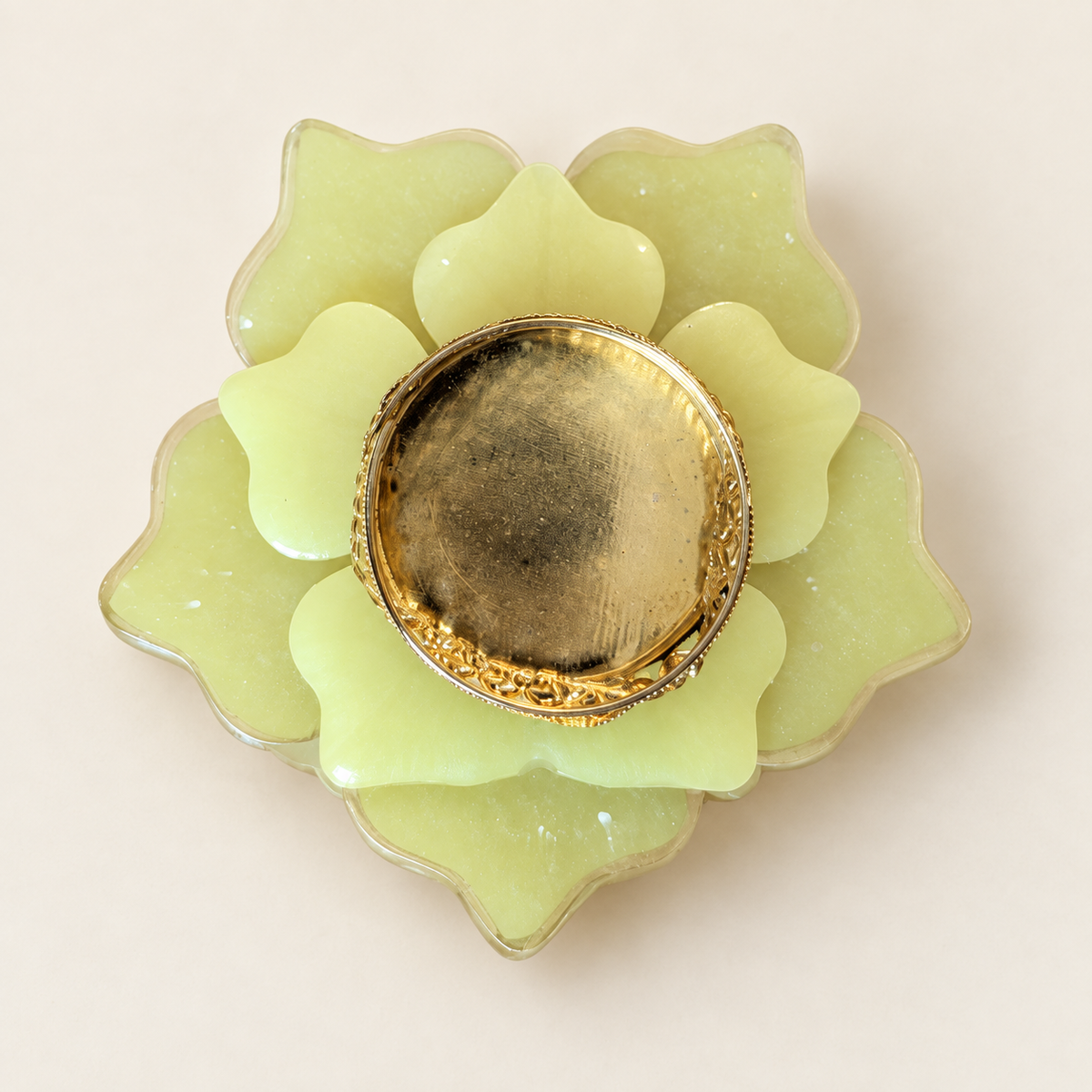 Soft yellow layered flower resin tealight holder, an example of the assorted colors selected from stock