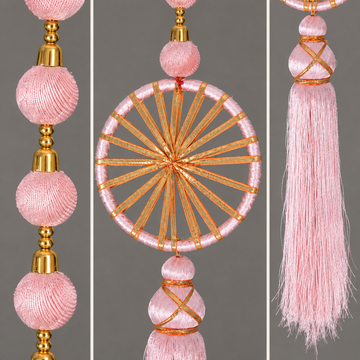 Three close-up views of pink beads, sunburst ring, and silky tassel