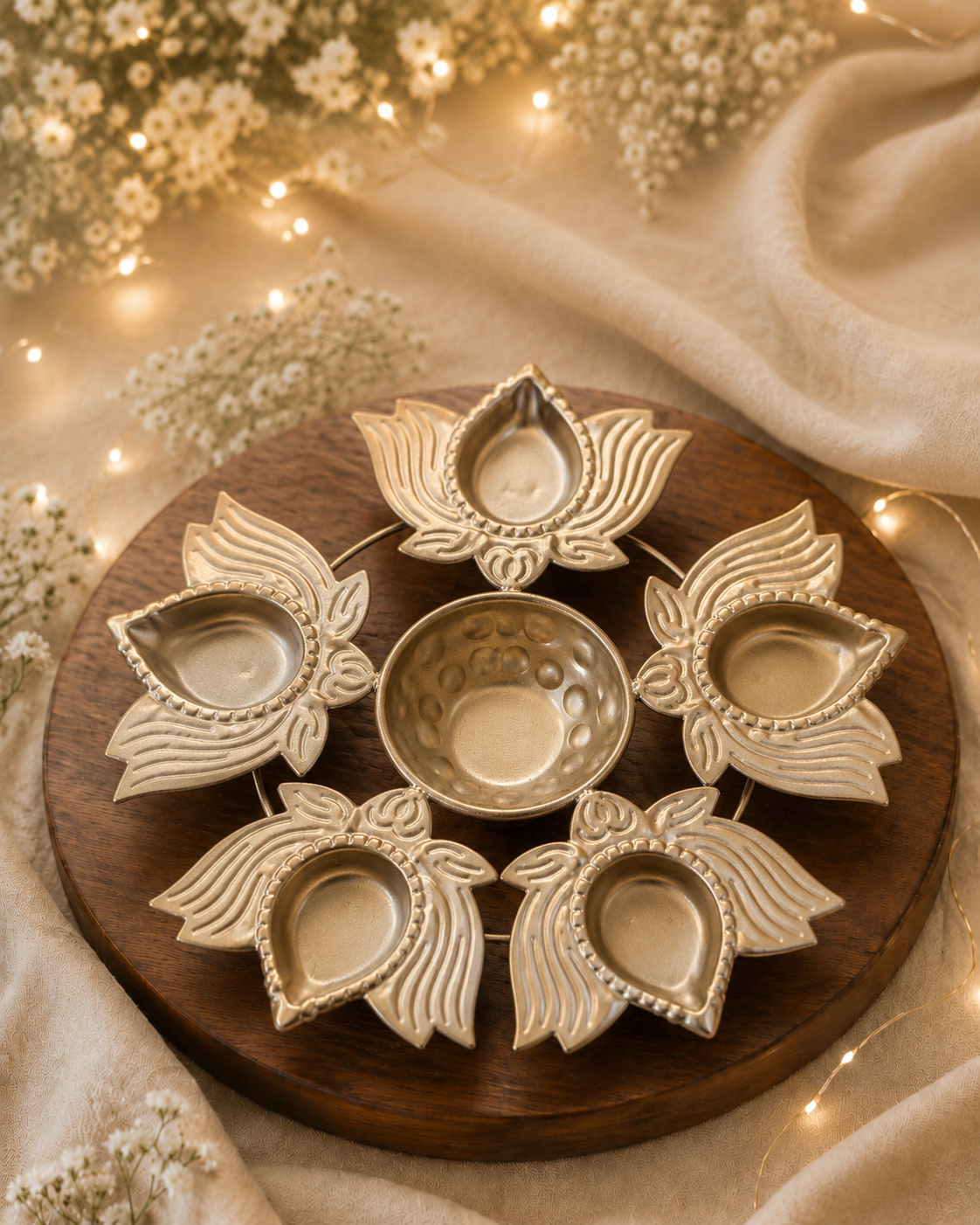 Lotus five-diya festive tealight holder displayed on a round wooden board
