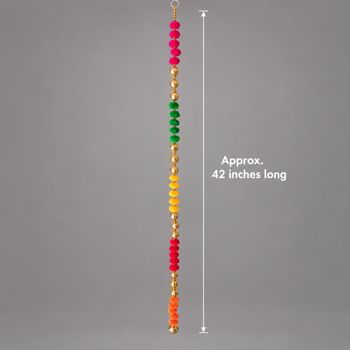 Multicolor pom-pom hanging with gold mesh beads and round bell size view