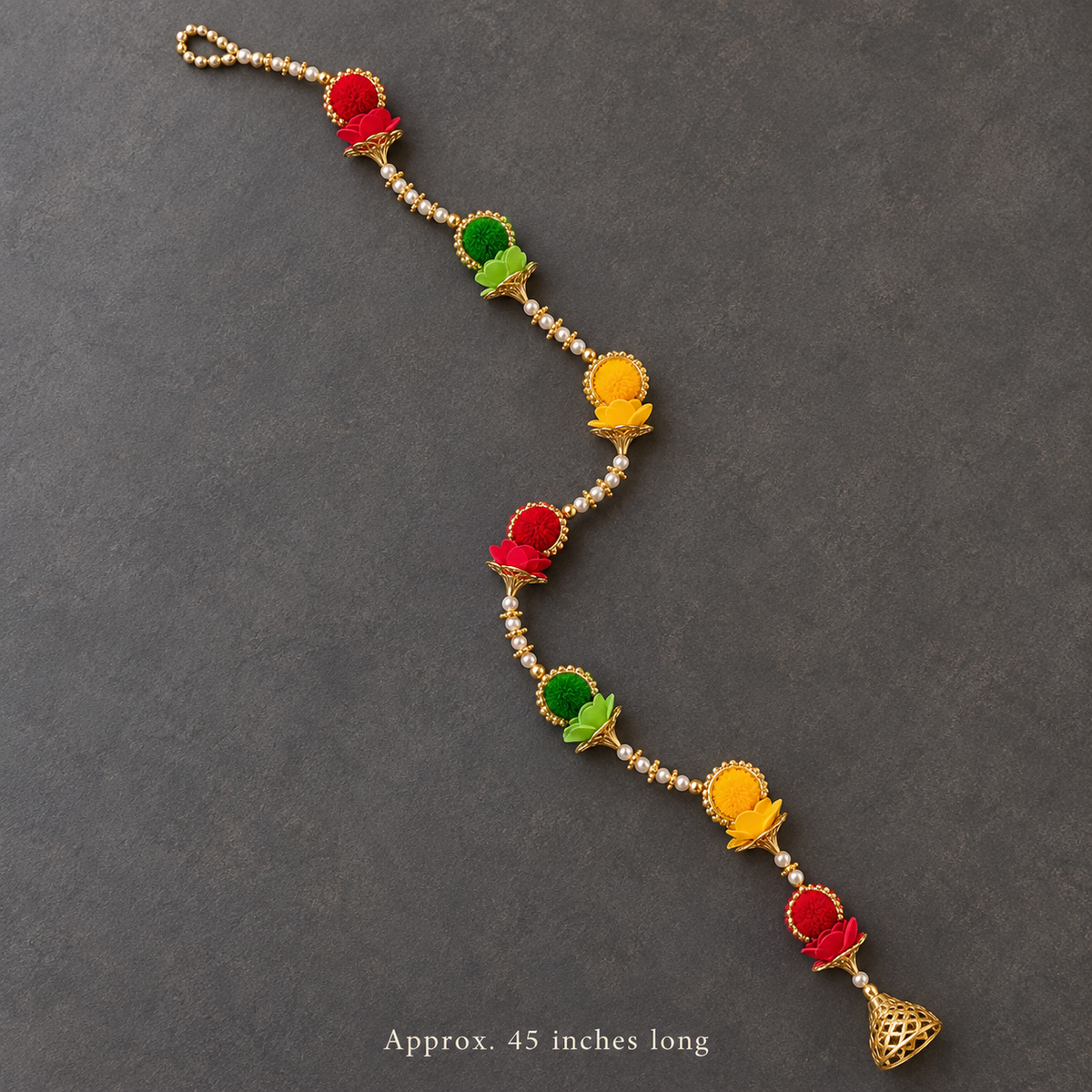 Complete multicolor hanging with decorative gold bell, approximately 45 inches