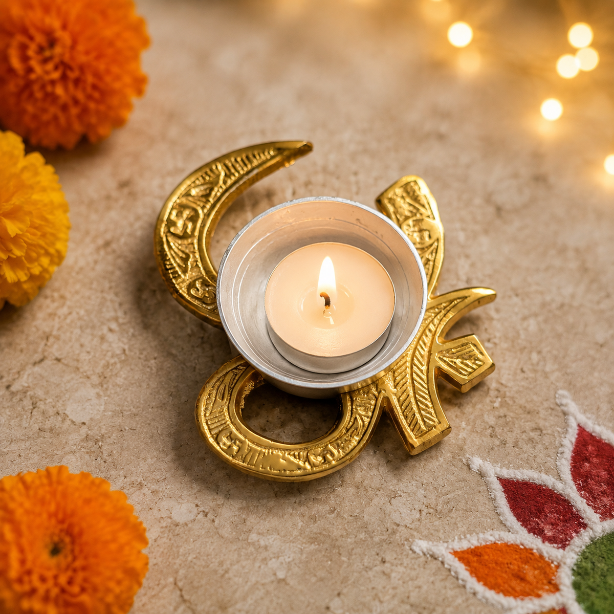 Om and Swastik tealight holder styled with warm Diwali lights