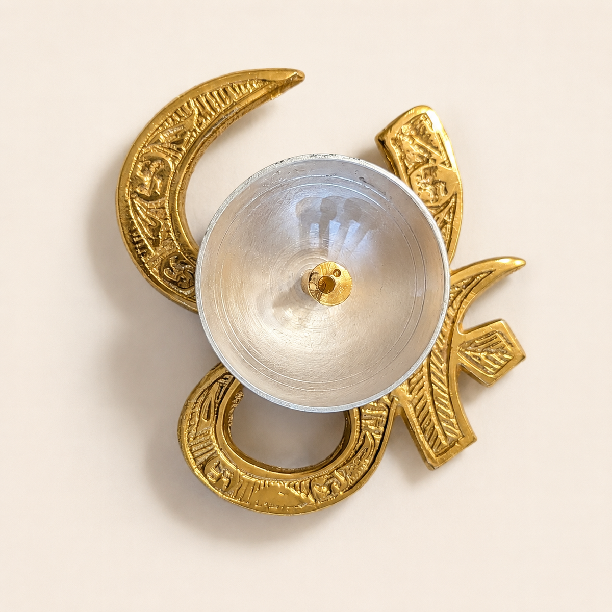 Om and Swastik festive tealight holder with silver-tone cup and gold-tone base