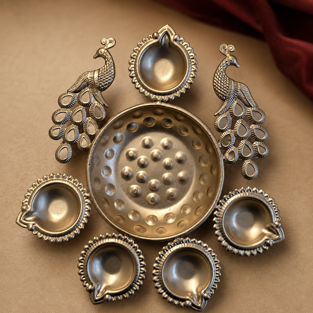 Close-up of the actual peacock five-diya holder showing its embossed plate, peacock motifs and true finish