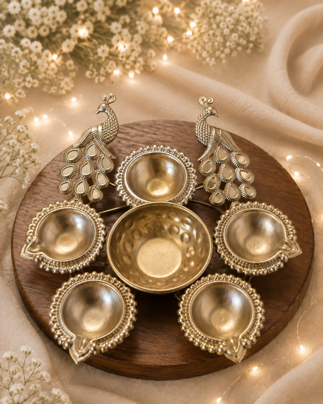 Peacock five-diya festive tealight holder displayed on a round wooden board
