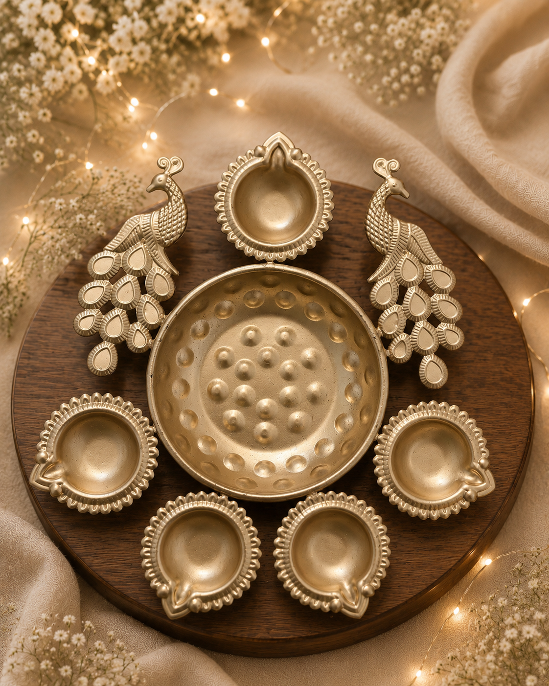 Peacock five-diya tealight holder styled with warm lights on a wooden board