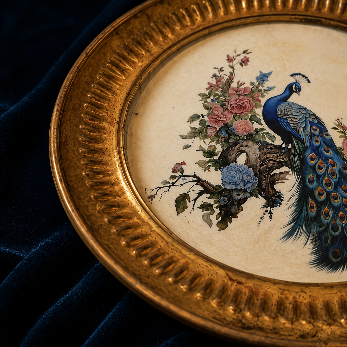 Close-up of peacock floral artwork and aged brass fluted rim