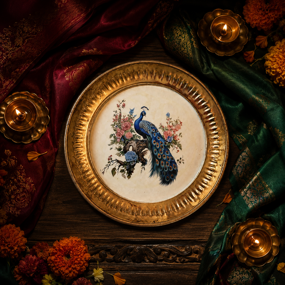 Peacock floral decorative plate in a luxurious Diwali setting with diyas and festive textiles