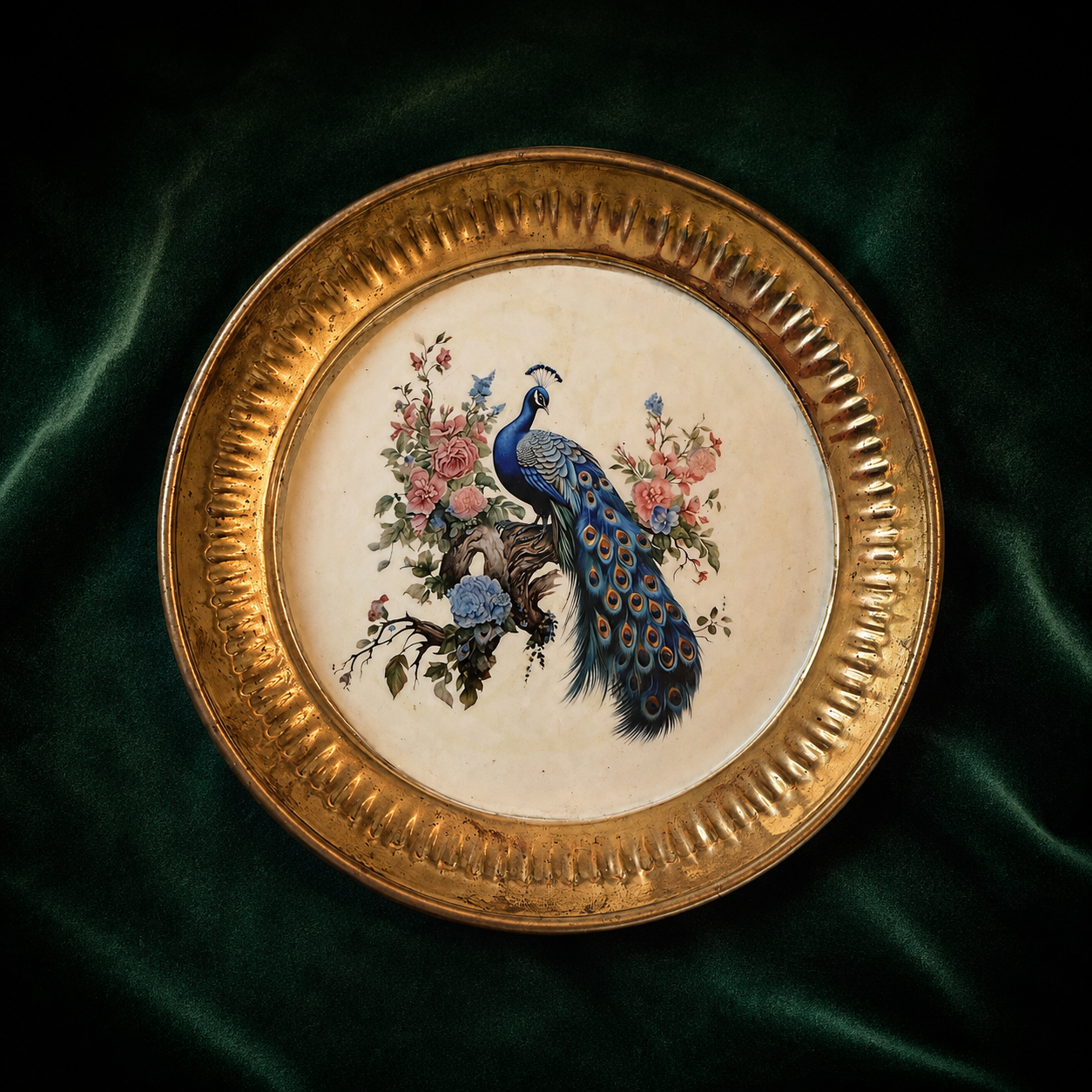 Peacock floral decorative plate with aged brass rim on deep emerald velvet