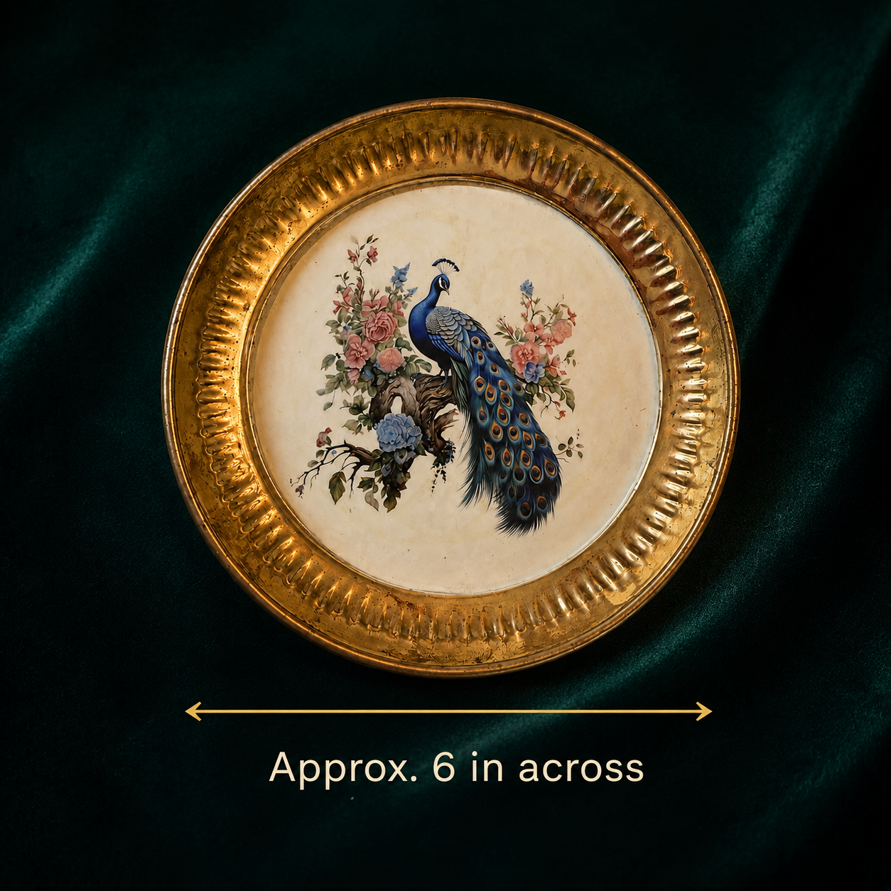 Size guide showing the peacock floral decorative plate is approximately 6 inches across