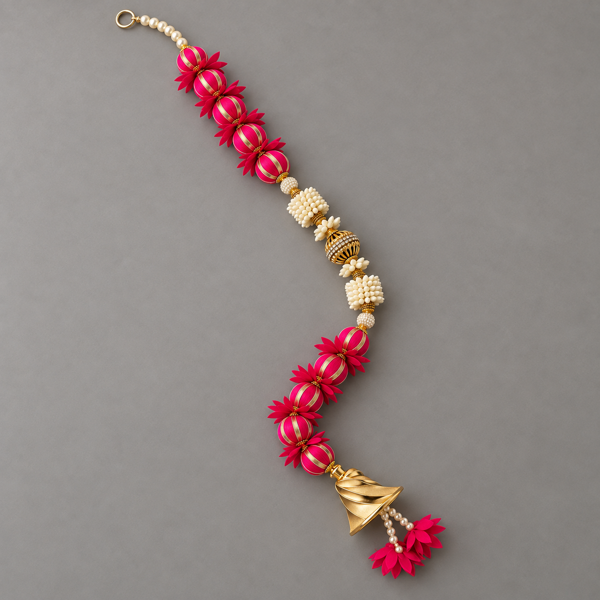 Pink and cream hanging with spiral gold bell — full product