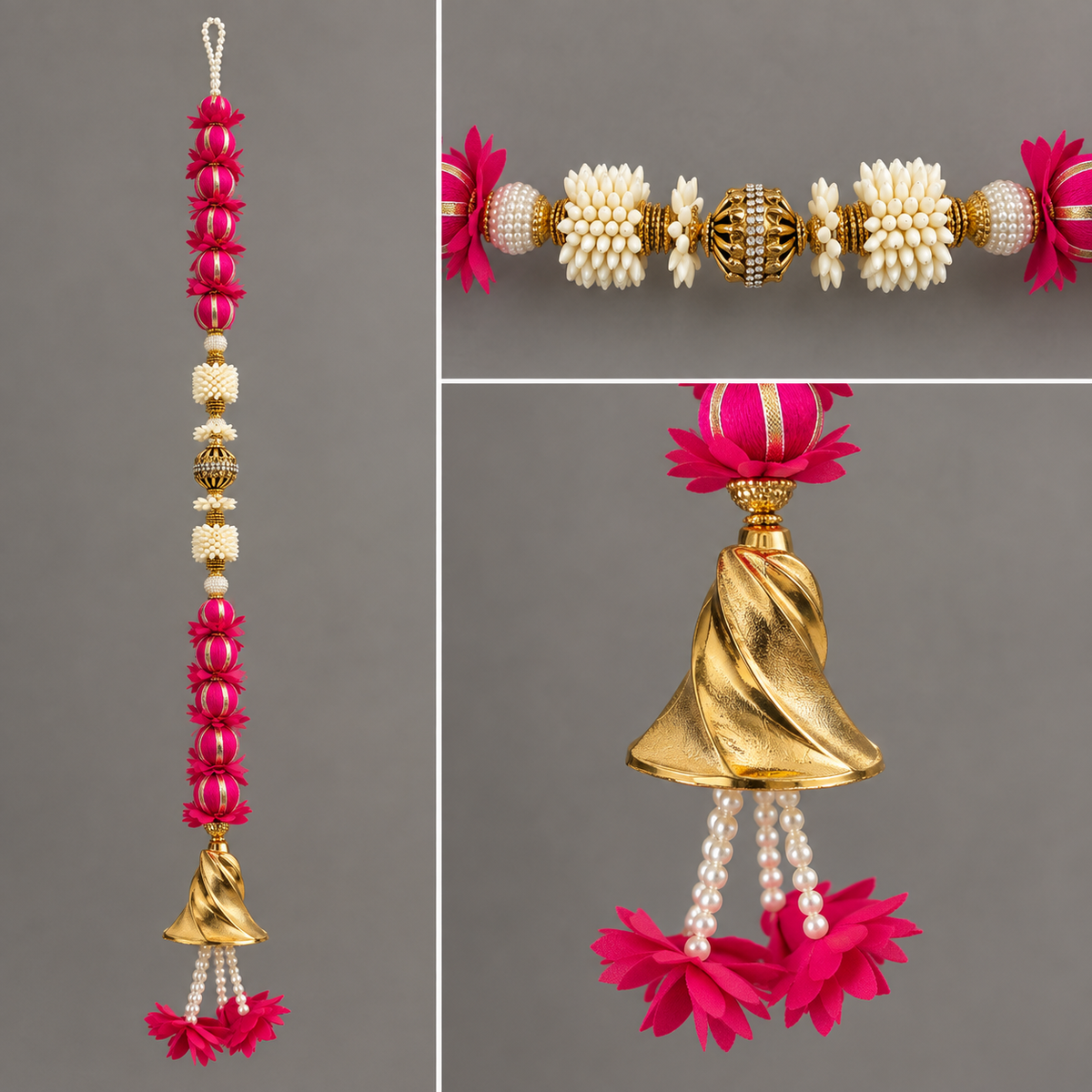 Pink and cream hanging with spiral gold-tone bell — split detail view