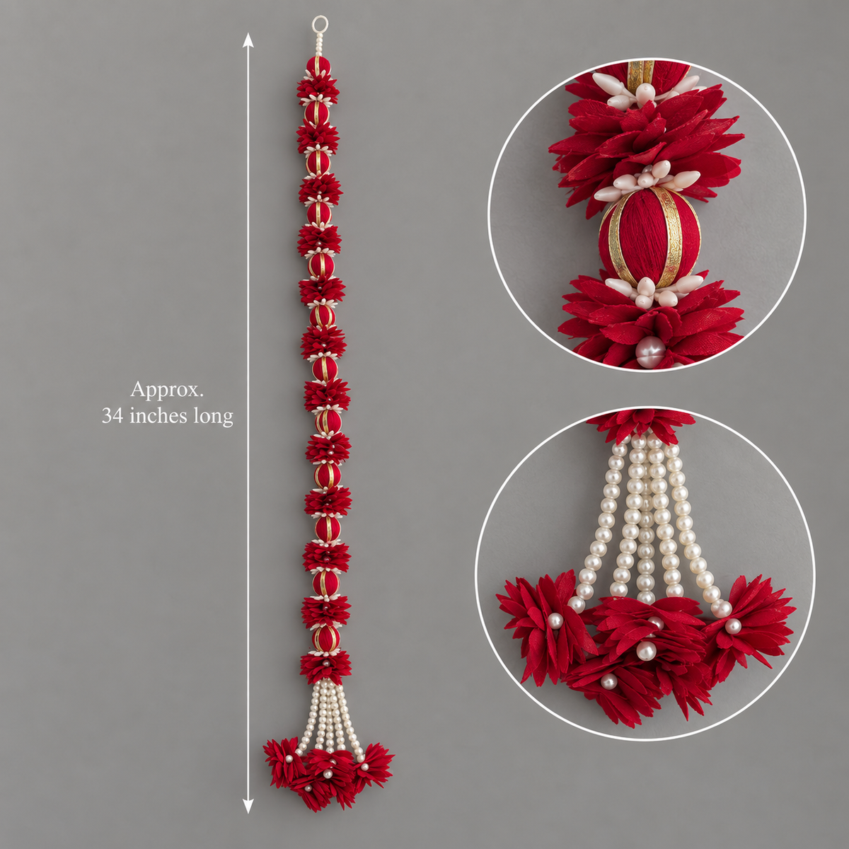 Red floral hanging size view — approximately 34 inches long