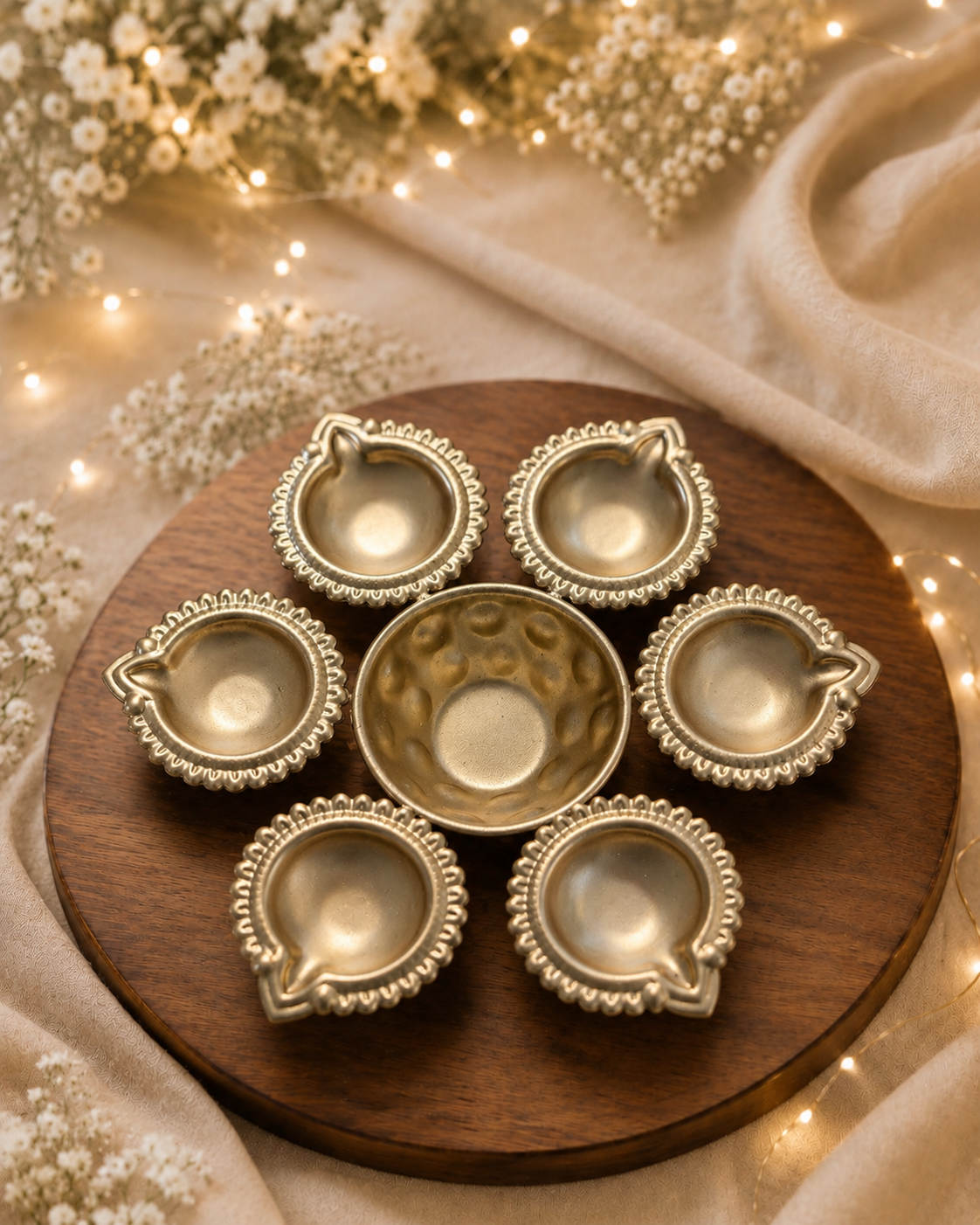 Six-diya round festive tealight holder displayed on a wooden board