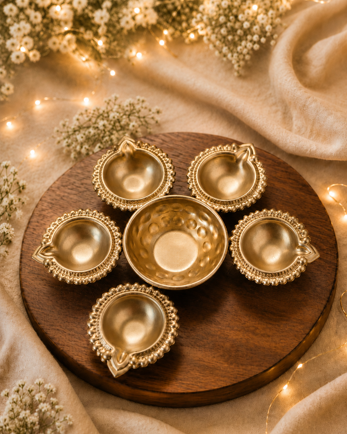 Six-diya round tealight holder styled with warm festive lights on a wooden board