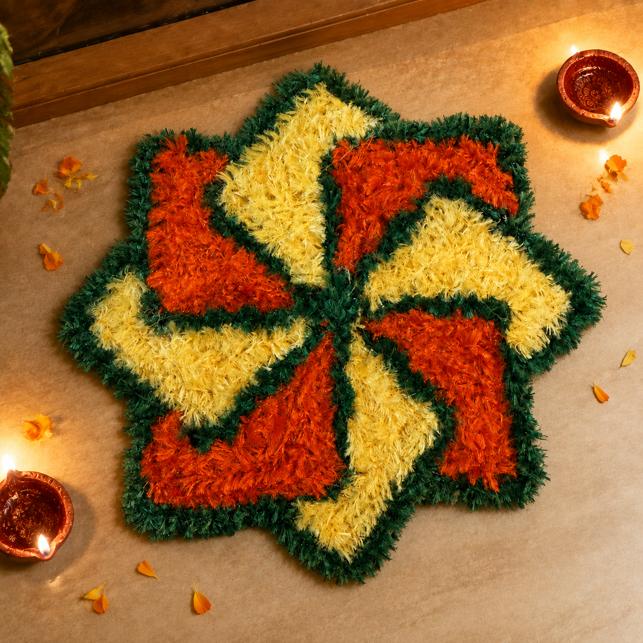 Handmade tricolor pinwheel rangoli mat styled with diyas for Diwali
