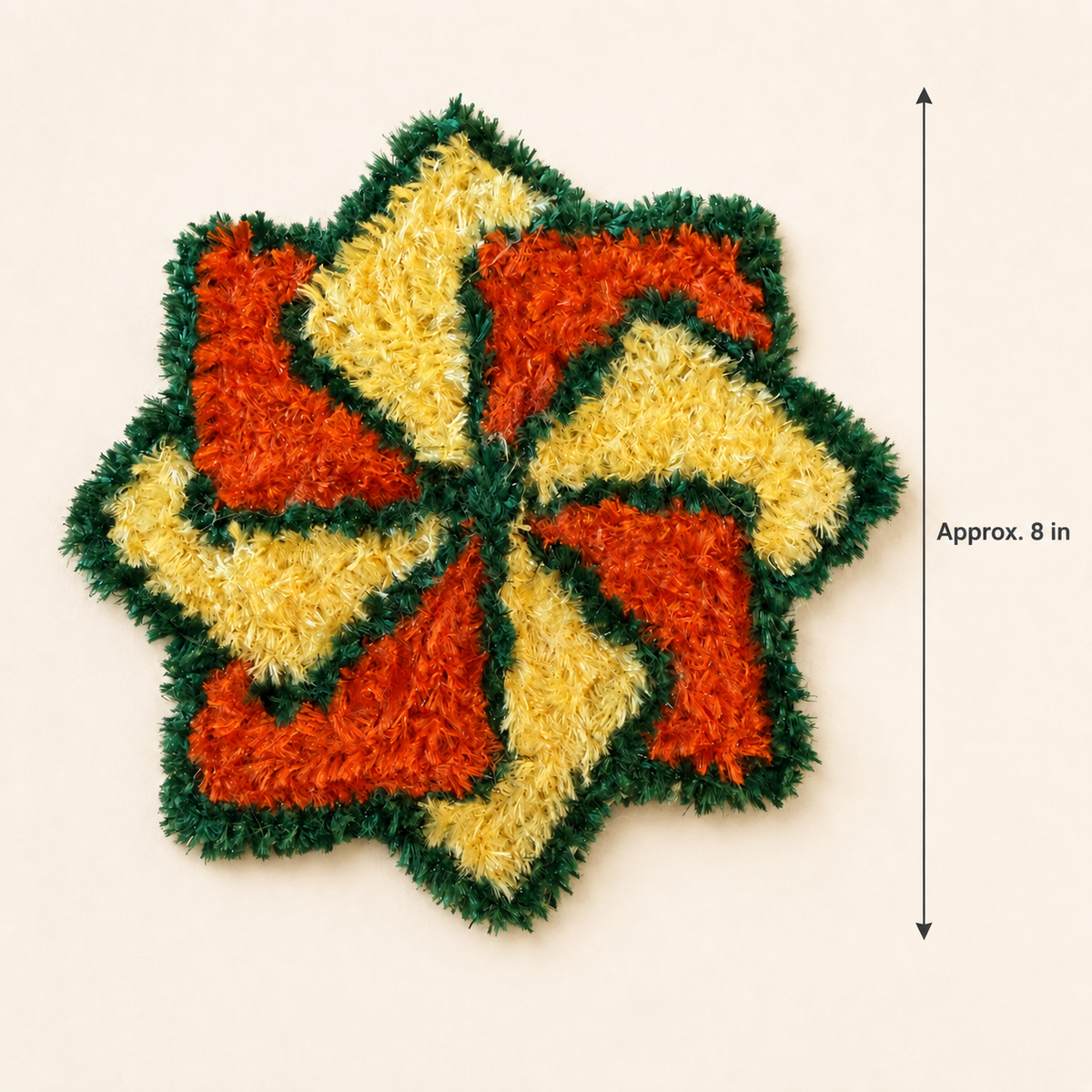 Size guide showing the handmade rangoli mat is approximately 8 inches